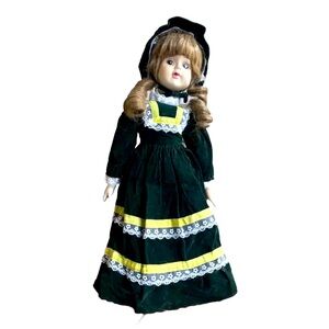 ALBERT E. PRICE INC. Vintage 18" Porcelain Doll Velvet Green dress and hat VTG
